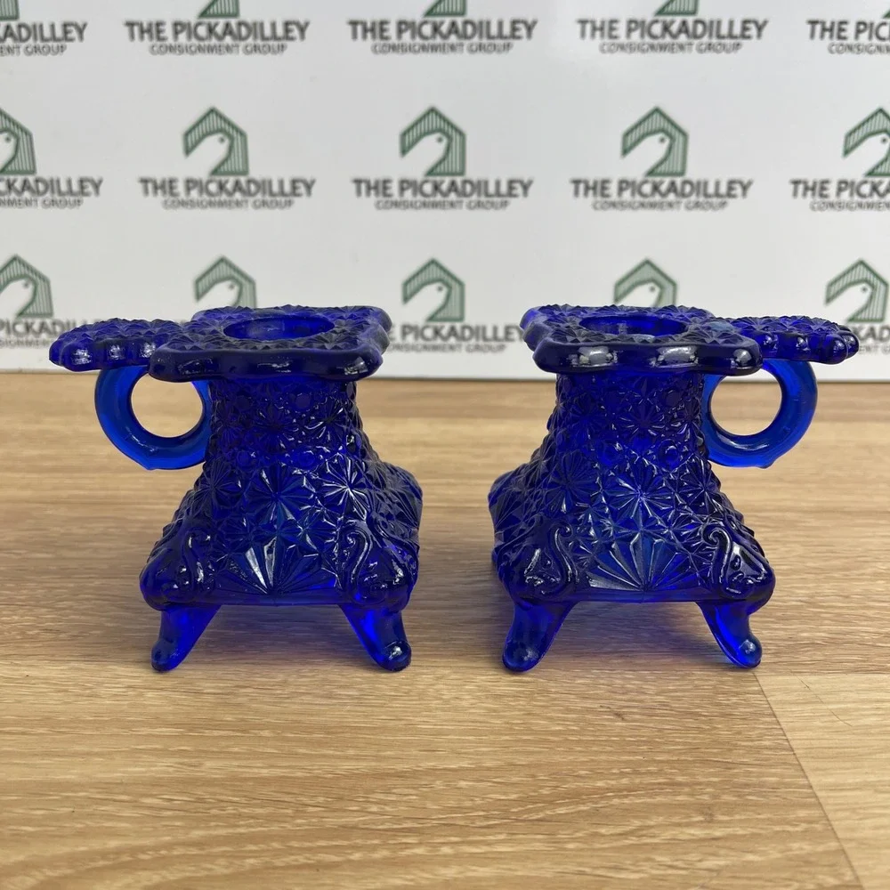 Vintage Cobalt Blue Daisy and Button Glass Candle Holder Pair Finger Loop 3in